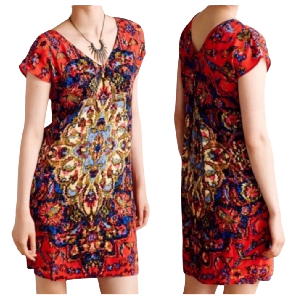 Anthro Maeve Abstract Print Dress Womens XS Red Blue V Neck Shift